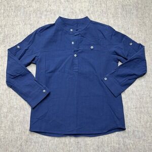 Boys Navy Blue Band Collar Henley Long Sleeve Button Down Linen Shirt 7-8y‎